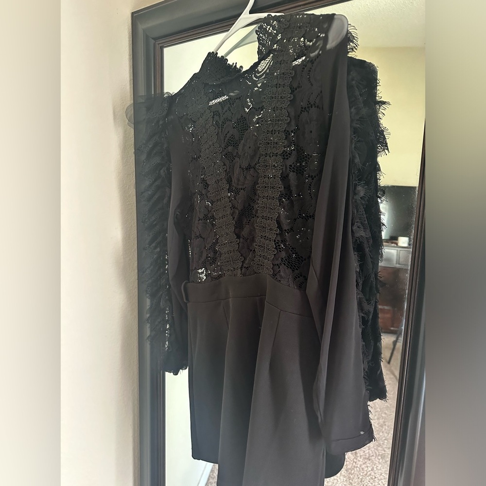 Black Lace See Through Long Sleeve Shorts Romper